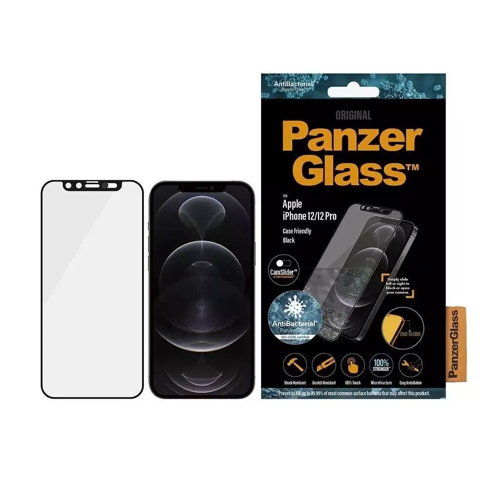 PanzerGlass iPhone 12 / 12 Pro PanzerGlass Antibakteriell Edge-To-Edge Skjermbeskytter - CamSlider - Case Friendly - Svart Kant