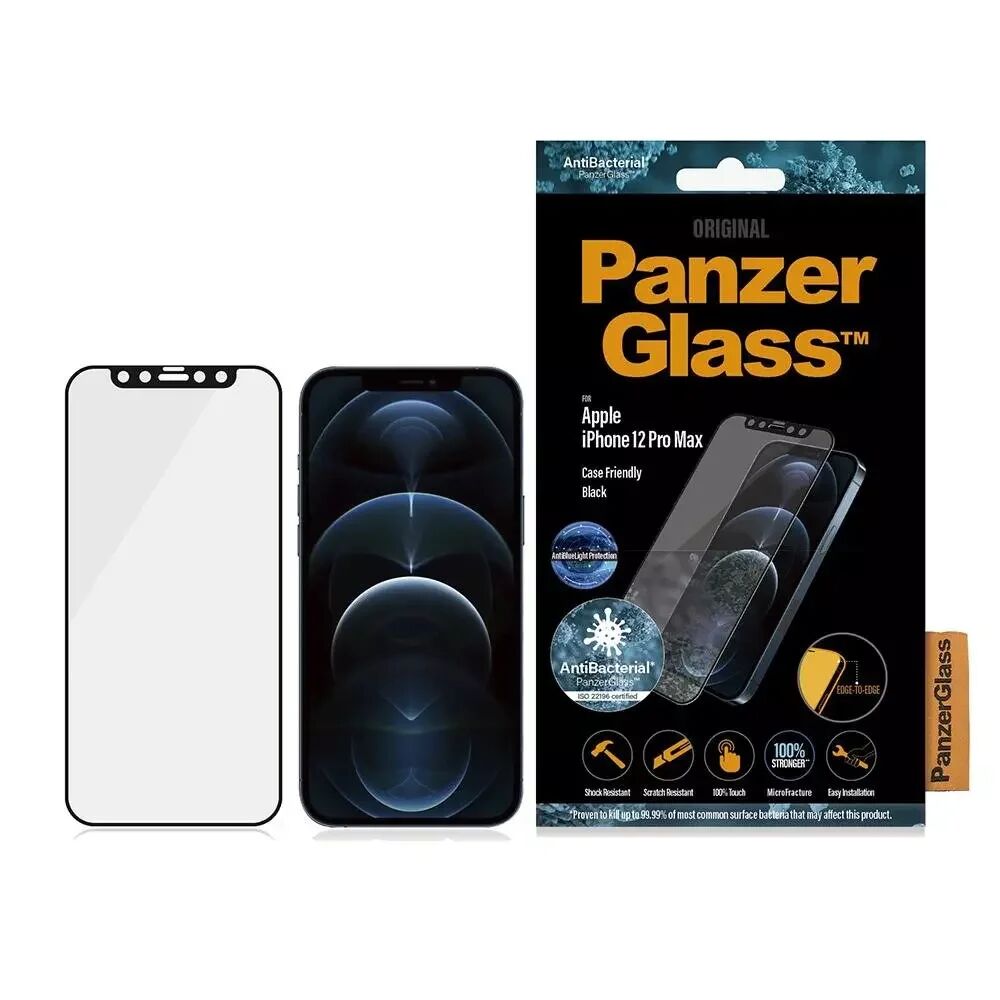 PanzerGlass iPhone 12 Pro Max PanzerGlass Antibakteriell Edge-To-Edge Skjermbeskytter - Anti-Bluelight - Case Friendly - Svart Kant