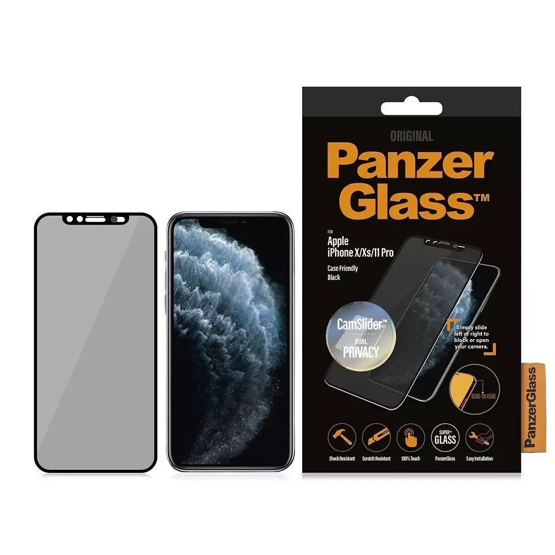 PanzerGlass iPhone 11 Pro / Xs / X PanzerGlass Curved Glass Skjermbeskytter - Case Friendly - Privacy + Camslider - Svart