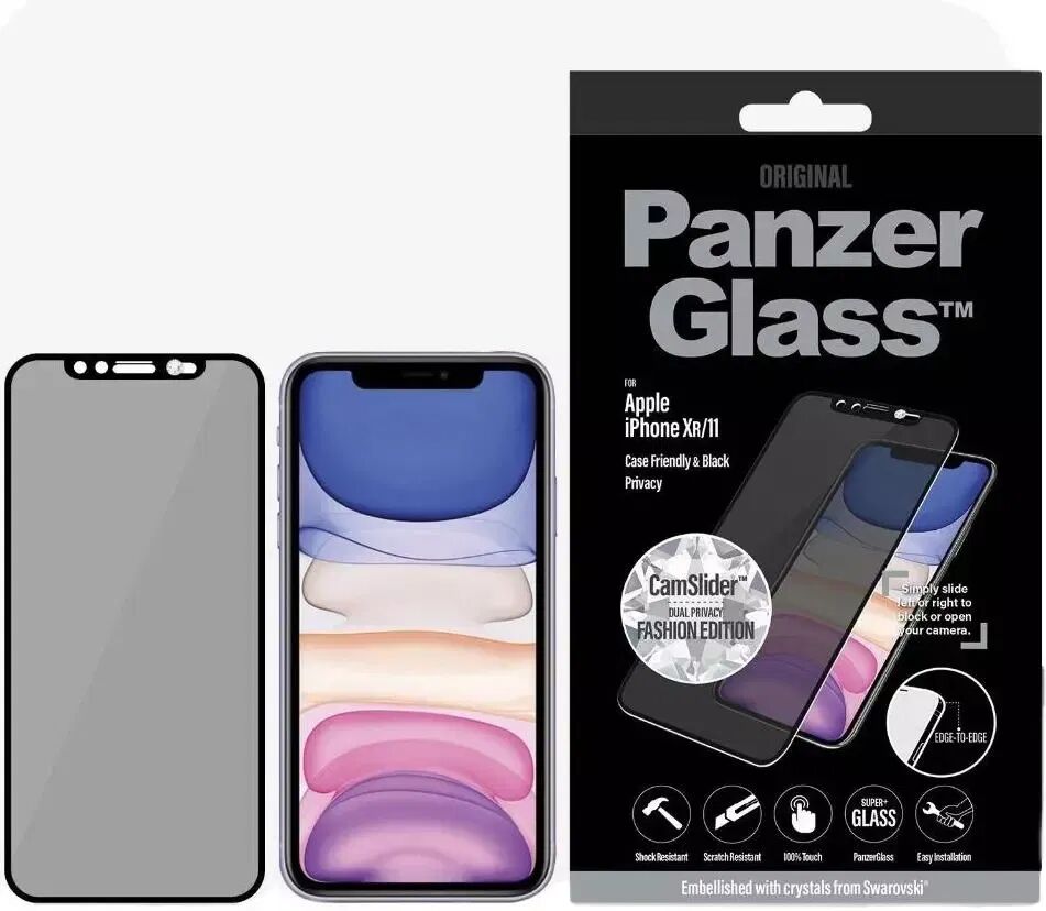 PanzerGlass iPhone 11/XR Skjermbeskyttelse m. Swarovski Krystal Camslider- Case Friendly - Sort Privacy Filter - DEMO