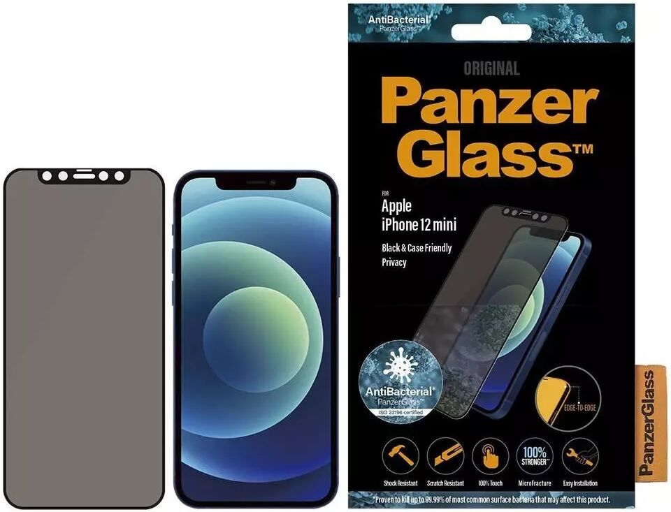 PanzerGlass iPhone 12 Mini PanzerGlass Antibakteriell Edge-To-Edge Skjermbeskytter - Case Friendly - Privacy - Svart Kant