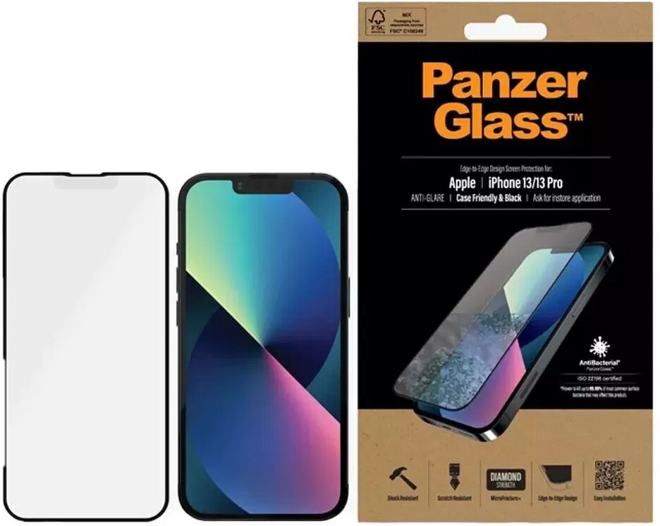 PanzerGlass iPhone 13 / 13 Pro PanzerGlass AntiBacterial Beskyttelsesglass - Anti-Glare - Case Friendly - Svart Kant