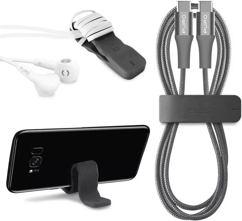 Puro USB-C til USB-C Stof Kabel m. Magic Clip 100 cm. Grå