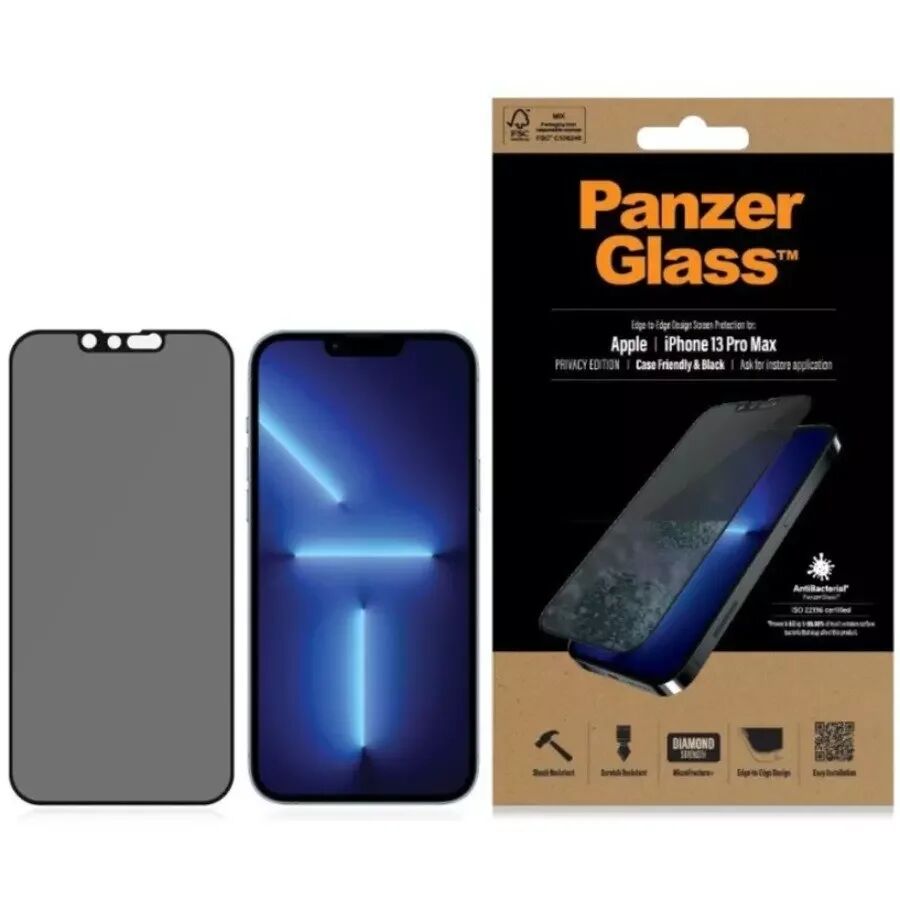 PanzerGlass iPhone 13 Pro Max PanzerGlass AntiBacterial Edge-to-Edge Beskyttelsesglass- Privacy Filter - Case Friendly - Svart Kant