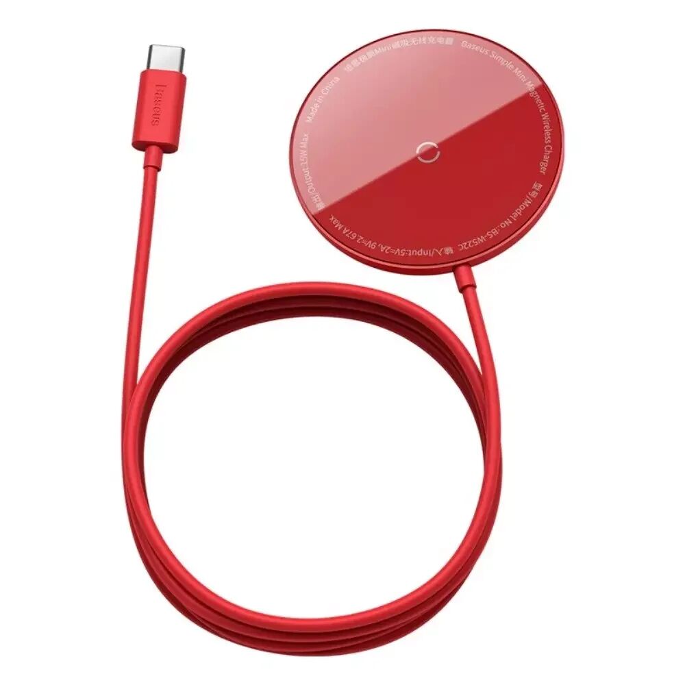 Baseus Simple Mini Magnetic 15W Wireless Charger - Kompatibel med MagSafe - Rød