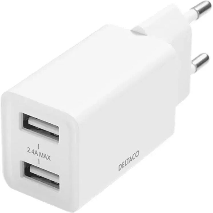 Deltaco 12W Vegglader m. 2 x USB-A - Hvit