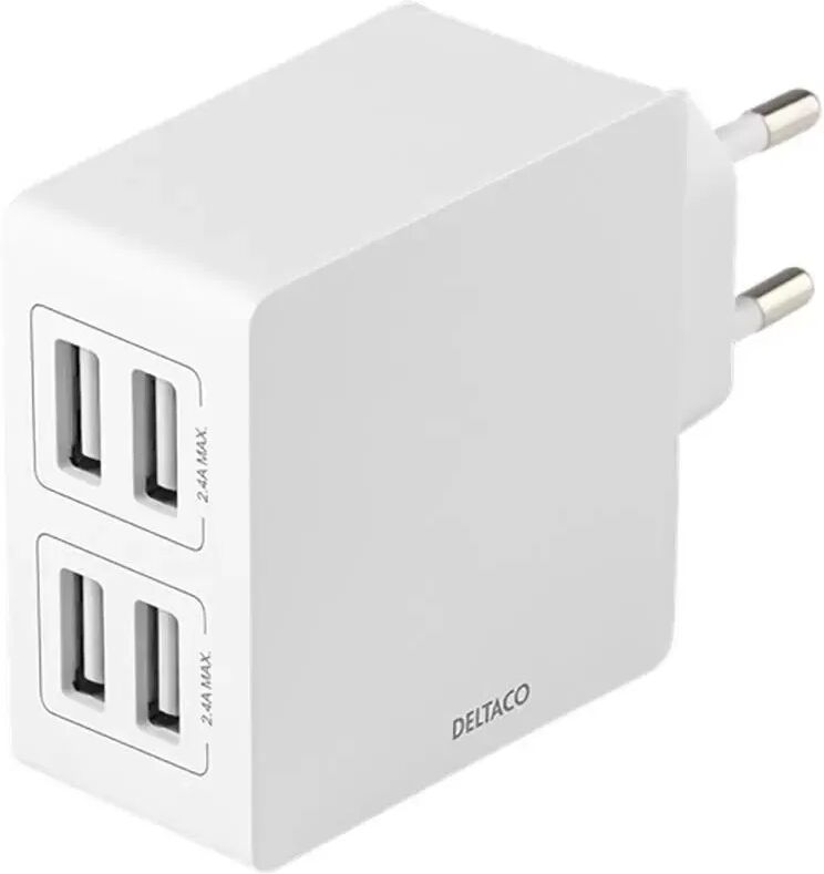 Deltaco 24W Vegglader m. 4 x USB-A - Hvit