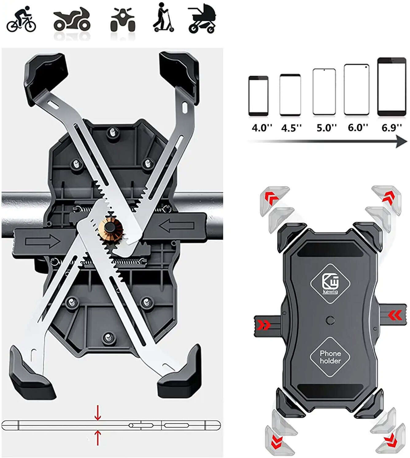 Uchwyt motocyklowy KEWIG M11B na telefon z ładowarką Qi QC 3.0 15W Czarny