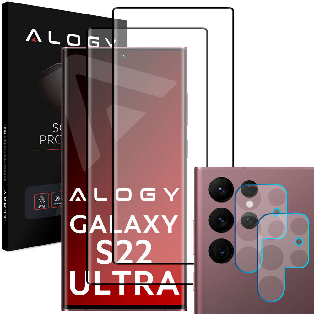 Alogy 2x Szkło Alogy Full Glue FC + 2x Szkło na obiektyw kamerę do Samsung Galaxy S22 Ultra