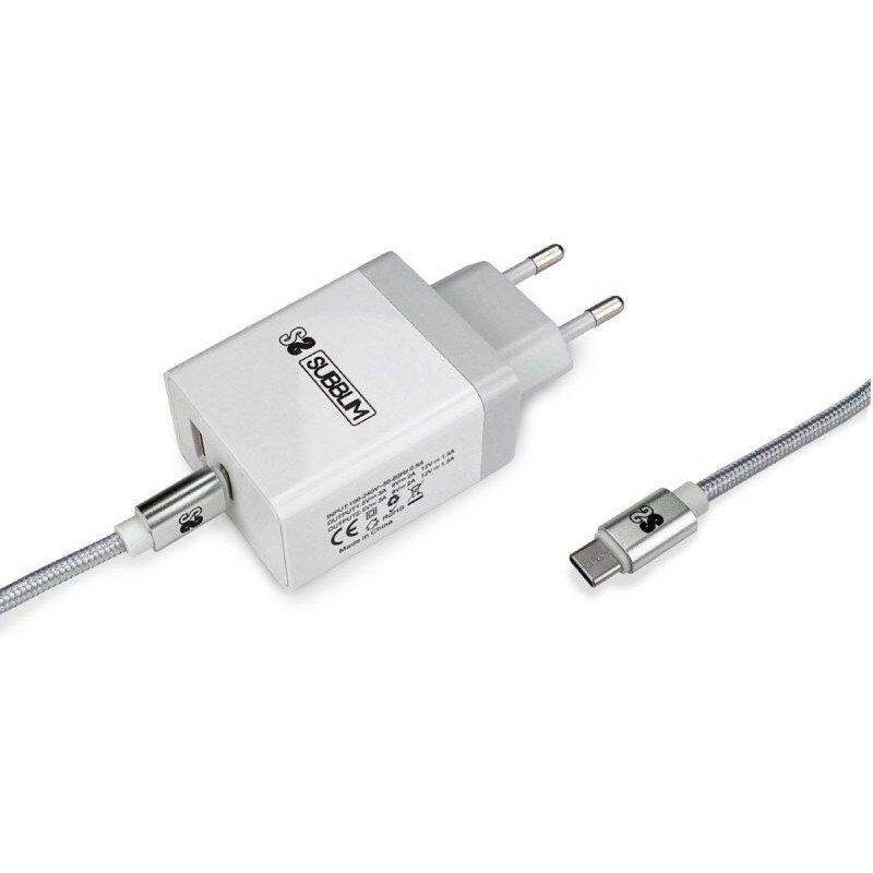 Subblim carregador de parede usb 2.4a + cabo usb-c branco