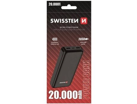 Beblau Powerbank SWISSTEN Workx (20000 mAh - 2 USB - 1 MicroUSB - 1 USB-C - Preto)