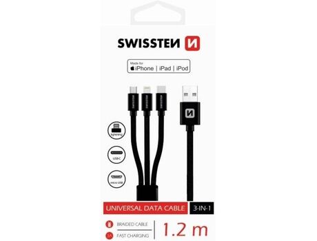 Beblau Cabo SWISSTEN Textile 3-in-1 (USB - USB-C + MicroUSB + Lightning - 1.2 m - Preto)