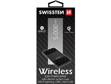 Beblau Powerbank SWISSTEN Wireless Slim (5000 mAh - 2 USB - 1 MicroUSB - 1 USB-C - 1 Lightning - Preto)