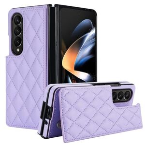 LXYUTY for Samsung Galaxy Z Fold 4 5 3 Shockproof Buckle Cover,Fashion Rhombus Card Holders PU Leather Case(for Z Fold 4,Purple)