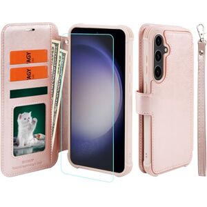 VANAVAGY Compatible with Galaxy S23 FE Wallet Case for Women and Men,Rfid Flip Leather Cover with Wrist Supports Wireless Charging with Card Holder and Glass Screen Protector,Rose Gold