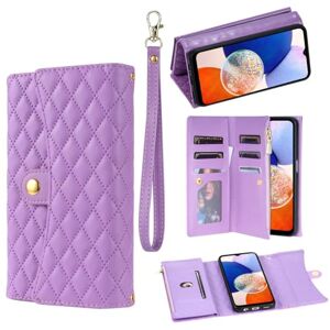YKTO Case for Samsung Galaxy A14 5G Case Card Holder Flip PU Leather Shockproof Case 7 Card Slots Wallet Case Zipper Pocket Magnetic Closure with Long Lanyard Handbag Case for Samsung A14 5G/4G,Purple