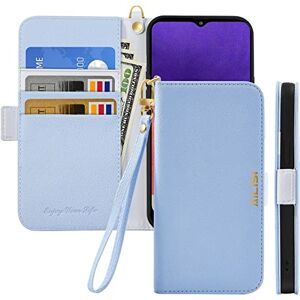 Ailisi Wallet Case for Samsung Galaxy A32 4G (6.4 inch), Lychee pattern Luxury Vegan Leather Flip Protective Cover with Card Slots + Wrist Strap, Magnetic Folio Shockproof Phone Case (Light Blue)