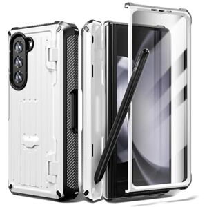 LXYUTY for Samsung Galaxy Z Fold 5/4/3 Shockproof Armor Case,Shell-Membrane Integration with Detachable Pen Holder Anti-Drop Cover,White,for Galaxy Z Fold 3