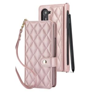 LXYUTY for Samsung Galaxy Z Fold 5/4/3 Leather Case,Crossbody Bag,with Long Lanyard Wallet Card Slot Protect Cover Pen Slot,Rose Gold,for Galaxy Z Fold 5