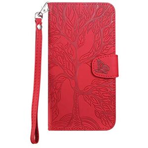 Nokverzy Wallet Case for Samsung Galaxy S21 FE Phone Case,Tree of life Texture PU Leather Wallet Magnetic Flip Cover with Card Holder,Phone Case for Samsung Galaxy S21 FE Phone Case,Red