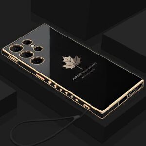 MEBEME Luxury Maple Leaf Lanyard Case For Samsung Galaxy S21 S23 S22 Ultra Plus S20 Fe S10 Plating Silicone Cover Note 20 10,Black,S10