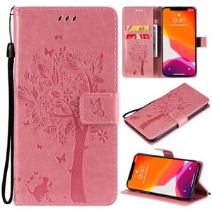 Qiaogle Phone Case for Motorola Moto G8 Plus - [KT03] Pink Emboss Tree & Cat Leather Case Magnetic Design Flip Case Wallet Cover with Holder Stand