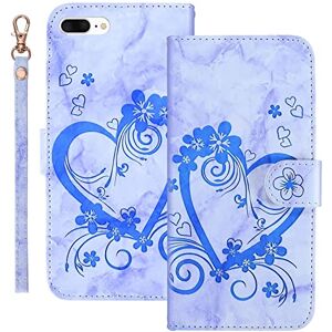 Annuo Wallet Phone Case iphone 7 Plus/8 Plus Phone Case Checkered Love pattern Leather Cover Exquisite Case Wallet iphone 7 Plus/8 Plus Flip Flower Cover Magnetic Closure Case Blue