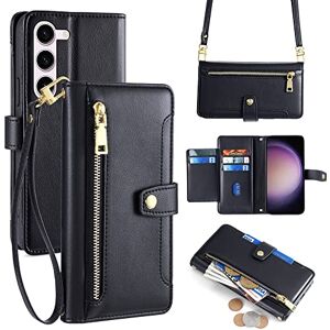 Myriadunsell Crossbody Case for Samsung Galaxy S23 FE 5G with Lanyard, Flip Wallet Phone Cover with Magnetic Zipper & kickstand [5 Card Slots] Folio in Luxury Vegan Leather Black