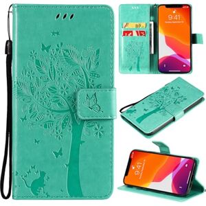 Qiaogle Phone Case for Samsung Galaxy A8 Plus 2018 - [KT23] Green Emboss Tree & Cat Leather Case Magnetic Design Flip Case Wallet Cover with Holder Stand