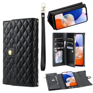 YKTO Case for Samsung Galaxy A14 5G Case Crossbody Flip PU Leather Shockproof Case 7 Card Slots Zipper Pocket Magnetic Closure with Long Lanyard Women Girls Handbag Case for Samsung A14 5G/4G,Black