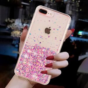 Yiscase Luminous Case Designed for iPhone 6 Plus 7 Plus 8 Plus, Bling Soarkly Soft TPU Bumper Hard Cover, Clear Glitter Case for Women Girls Transparent Protective Phone Case, Luminous Pink