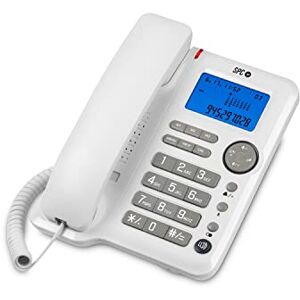 SPC Office ID – Téléphone Fixe de Bureau ou Mural avec écran Lumineux alimenté par Piles, 3 mémoires directes, 3 Niveaux de Sonnerie, Identification de l'appelant et Mains Libres Blanc - Publicité