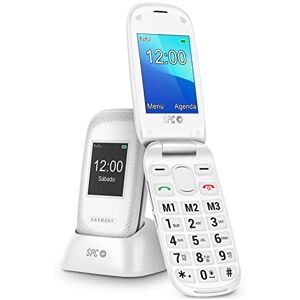 SPC Harmony Téléphone Portable Senior à clapet avec Grandes Touches, Compatible avec Les appareils auditifs, Double écran, Bouton SOS, 3 mémoires directes, Base de Chargement Couleur Blanc - Publicité