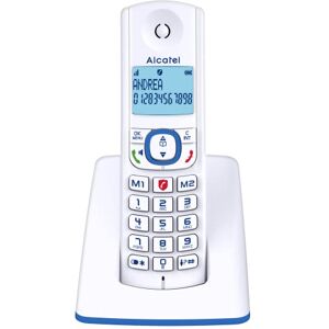 Alcatel F530, téléphone sans fil, avec fonction blocage d'appels, mains libres et deux touches de mémoires directes Blanc/Bleu - Publicité