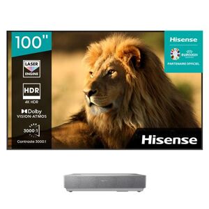 Pack Vidéoprojecteur Hisense Laser TV 100L5HD 4K UHD Gris + console ultra courte focale + écran ALR Fresnel 100’’ - Publicité