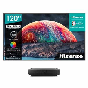 Pack Vidéoprojecteur Hisense Laser TV 120L9HA 4K Noir + console ultra courte focale + écran ALR Fresnel 120" - Publicité