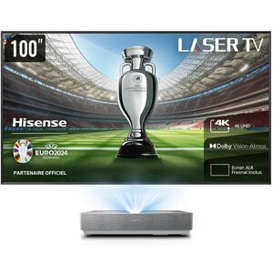 Pack Vidéoprojecteur Hisense Laser TV 120L5HA Blanc et Gris + console ultra courte focale + écran ALR Fresnel 120" - Publicité