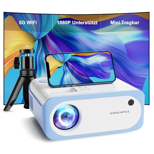 VISULAPEX Mini Beamer mit Stativ, Beamer Tragbarer Full HD 1080P Unterstützt,  V3 5G WiFi 9000 Lumens Video Beamer für Handy Phone, Kompatibel mit TV Stick/X-Box/DVD/Laptop/Smartphone Kleiner Beamer