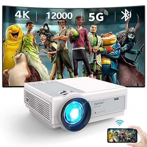 staratlas 4K Projector met WiFi en Bluetooth, 12000 lumen Draagbare Native 1080P Mini Projector voor iPhone, 5G Outdoor Movie Projectors voor Home Cinema, HDMI, USB, VGA Ondersteund