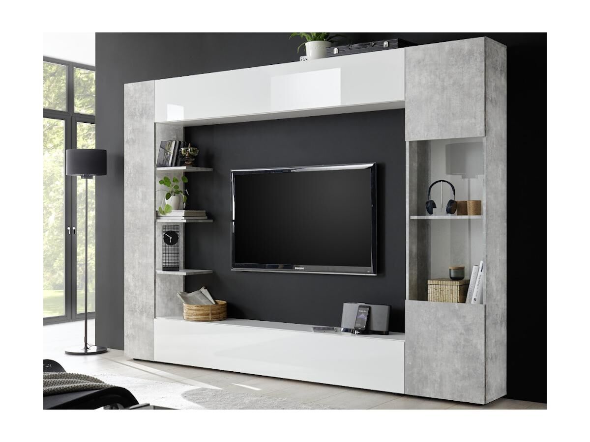 Móvel de TV lacado a branco e cinza cimento com espaços de arrumação - SIRIUS