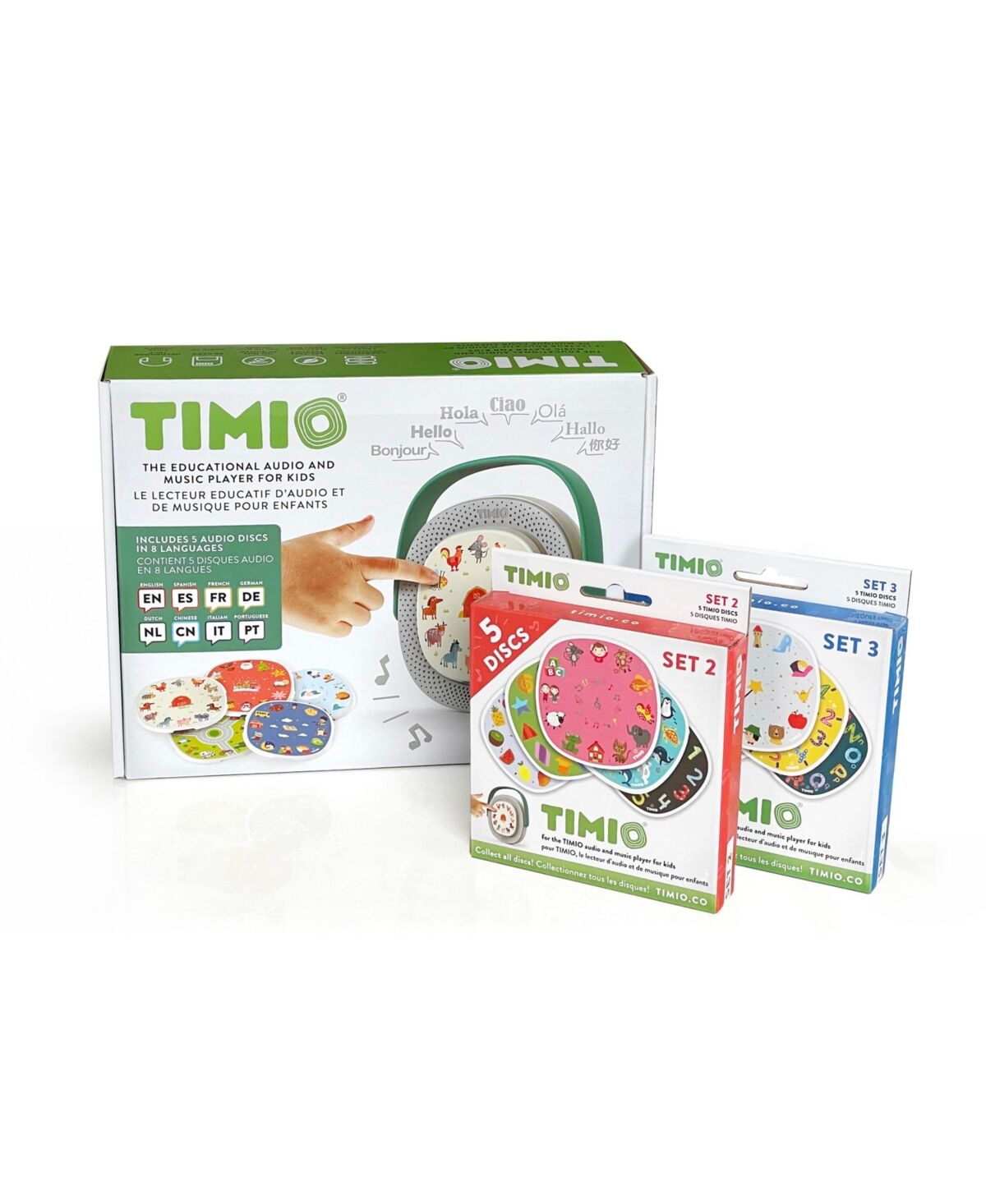 Timio Screenless Educational Audio and Music Player + 2 Disc Packs 15 discs total - White