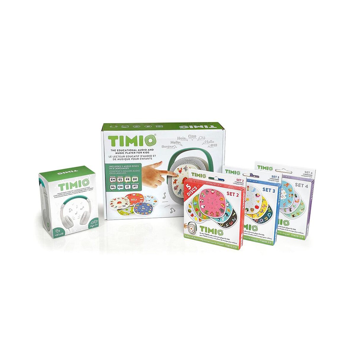 Timio Screenless Educational Audio and Music Player + 3 Disc Packs 20 discs total + Headset - White
