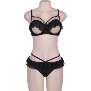 Ohyeah Open Cup Ruffle Black Bra And Panty Set