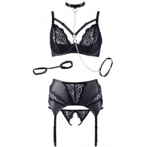 Cottelli Collection Ensemble 3 Pieces Effet Cuir et Dentelle Avec Laisse Noir - Taille : 80C