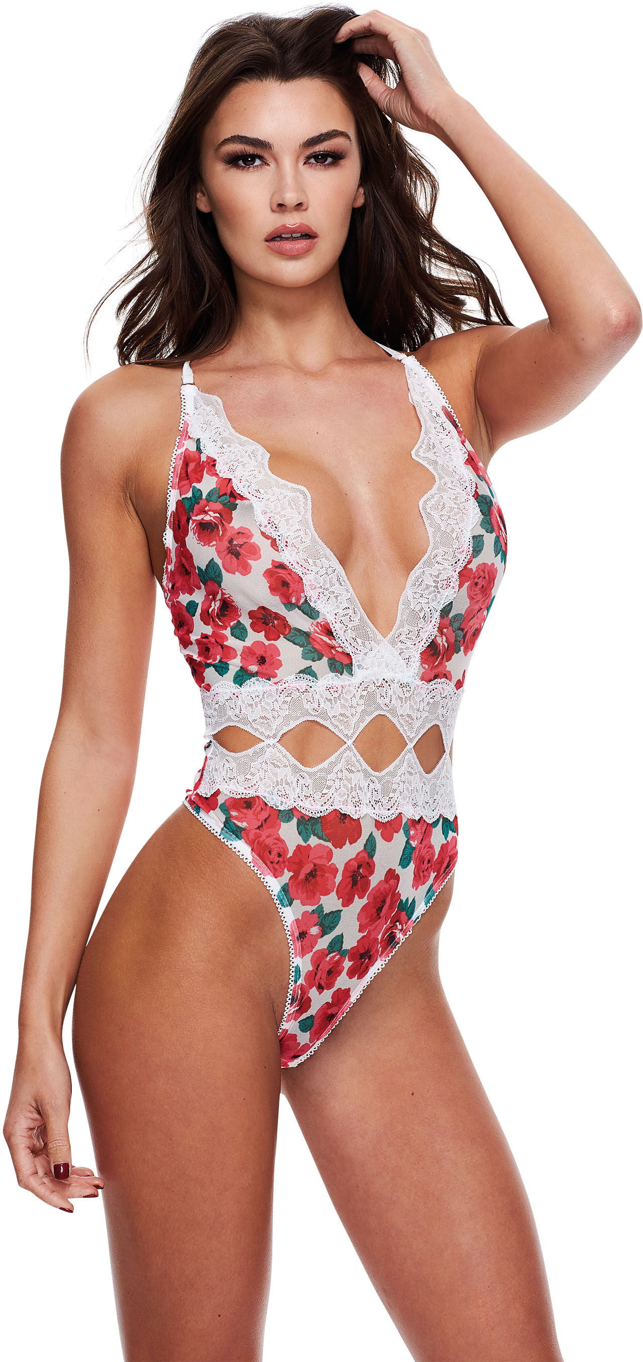 White collection Stringbody met bloemen, wit kant en diepe V-hals Baci