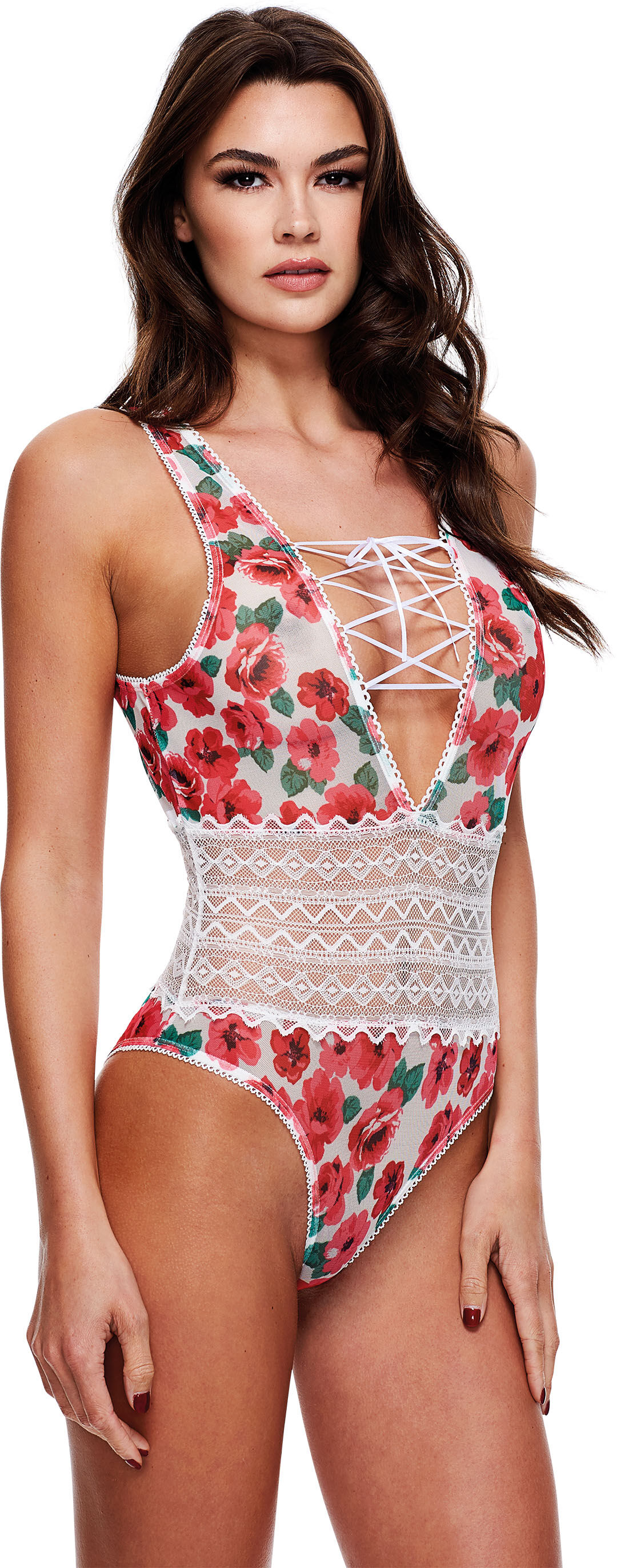 White collection Body met bloemen, wit kant en een vetersluiting Baci