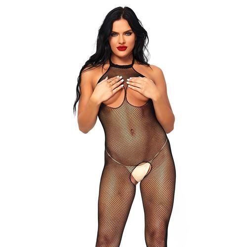 Leg Avenue Open kruis Visnet halter bodystocking met open cups.