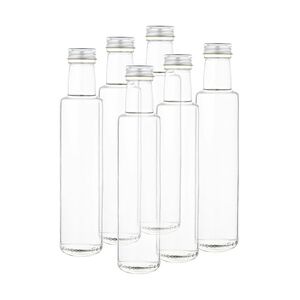 6er Set Glasflasche Dorica 250 ml + Schraubverschluss silber mit Goldrand Aluminium PP 31,5 zum abfüllen von Essig & Öl, Sirup, Most + Saft