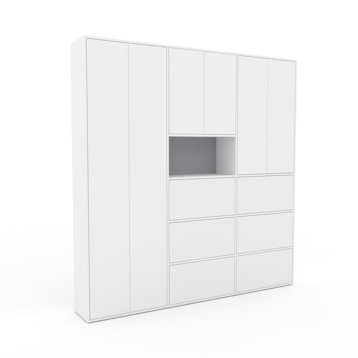 MYCS Wohnwand Weiß - Individuelle Designer-Regalwand: Schubladen in Weiß & Türen in Weiß - Hochwertige Materialien - 226 x 233 x 35 cm, Konfigurator
