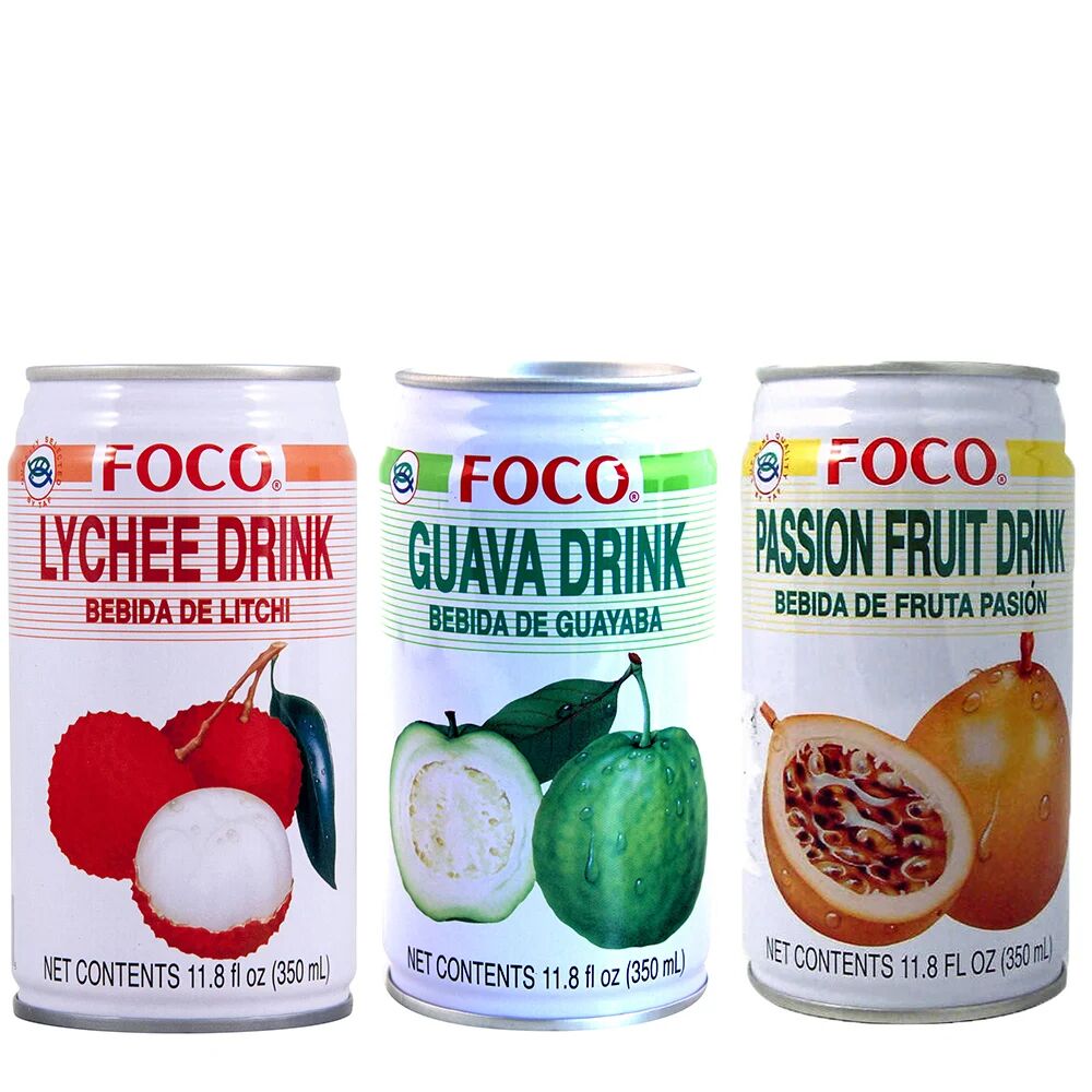 Foco 24 lattine miste da 350 ml: 8 Foco Lychees Juice - 8 Foco Guava Juice - 8 Foco Passion Fruit